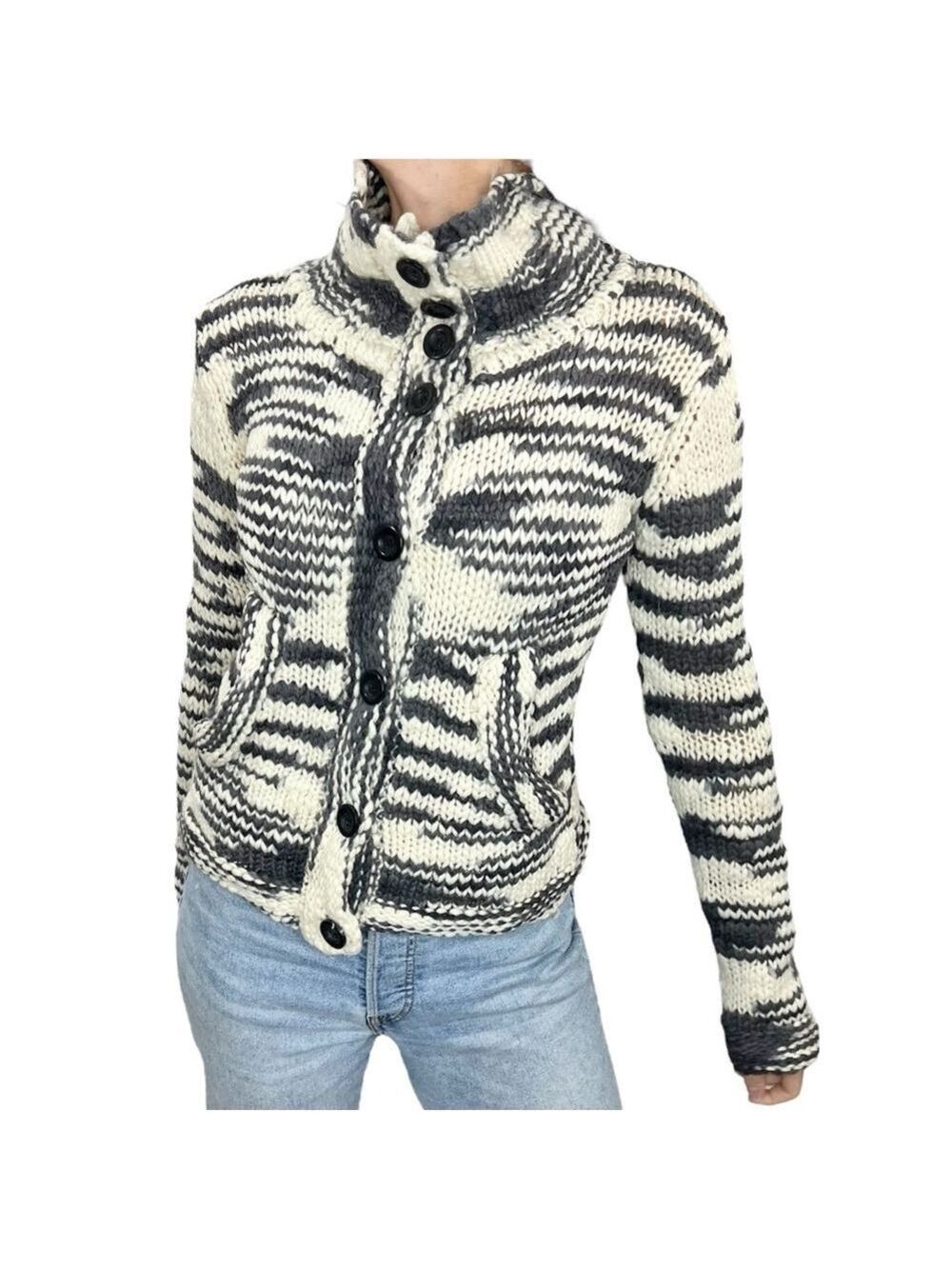 90s Y2K In Wear Copenhagen all wool grey cream knit high neck cardigan sweater S
